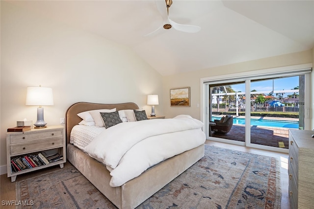 bedroom featuring lofted ceiling, hardwood / wood-style floors, access to outside, and ceiling fan