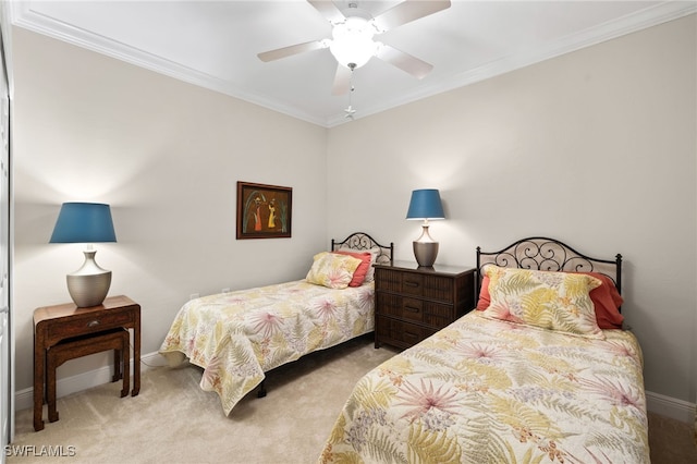 bedroom featuring ceiling fan, light carpet, and ornamental molding