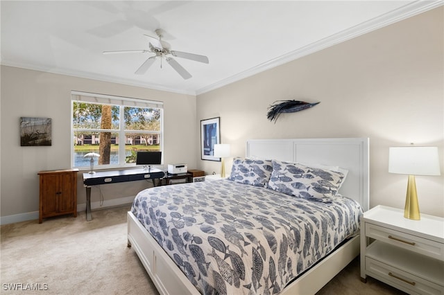 bedroom with light carpet, ceiling fan, and ornamental molding