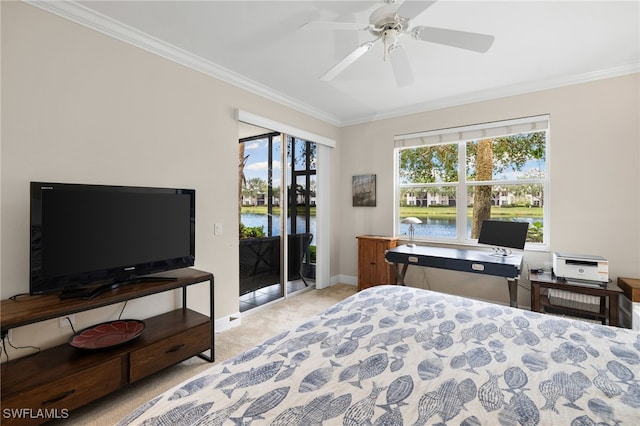 carpeted bedroom featuring ceiling fan, access to exterior, and crown molding