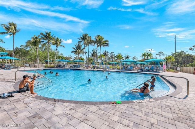 view of swimming pool with a patio area