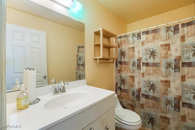 bathroom with toilet, vanity, and a shower with shower curtain