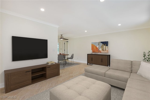 living room featuring ceiling fan and ornamental molding