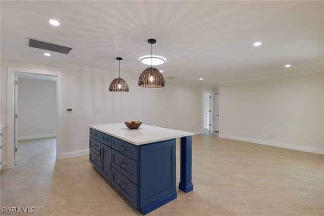 kitchen with a kitchen island, crown molding, and decorative light fixtures