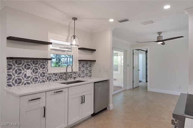 kitchen featuring white cabinetry, ceiling fan, tasteful backsplash, dishwasher, and sink