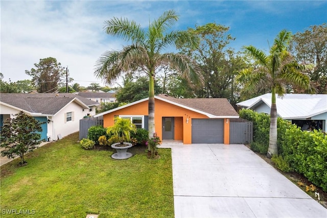 ranch-style house with a garage and a front lawn