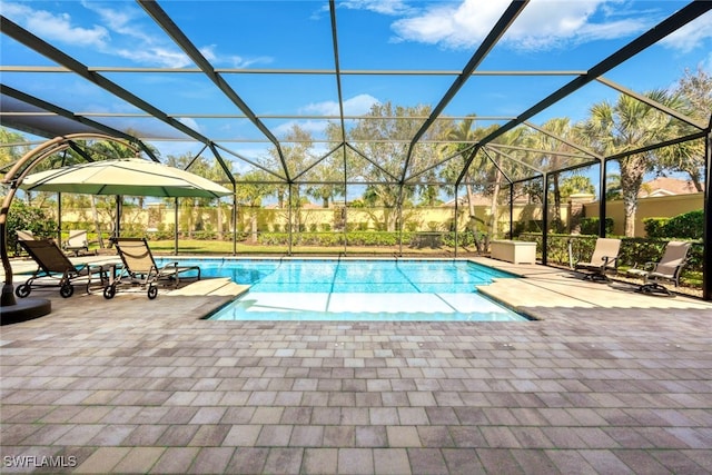 view of pool with a patio area and glass enclosure