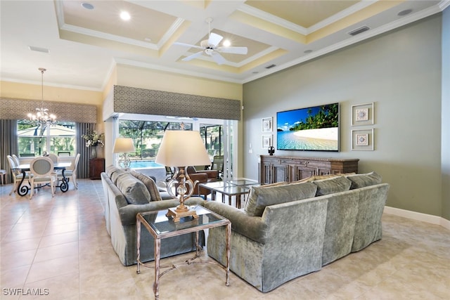 tiled living room featuring coffered ceiling, crown molding, ceiling fan with notable chandelier, and a high ceiling