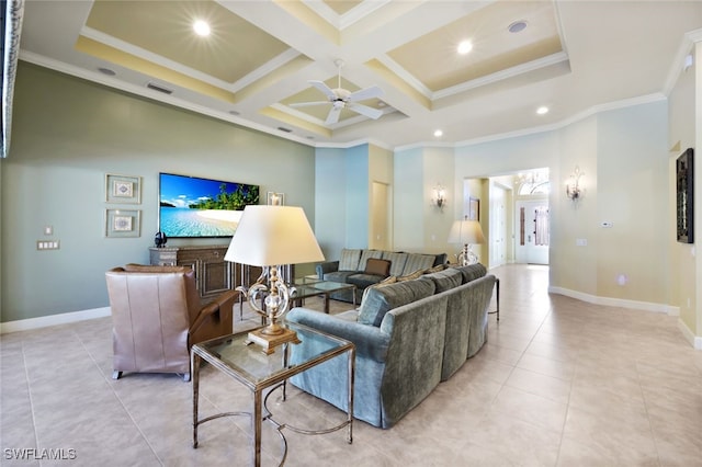 living room with coffered ceiling, light tile patterned floors, ceiling fan, crown molding, and beam ceiling