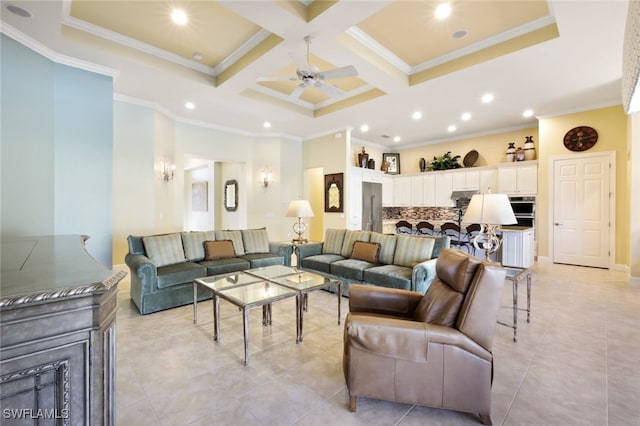 tiled living room with coffered ceiling, ceiling fan, ornamental molding, and beamed ceiling