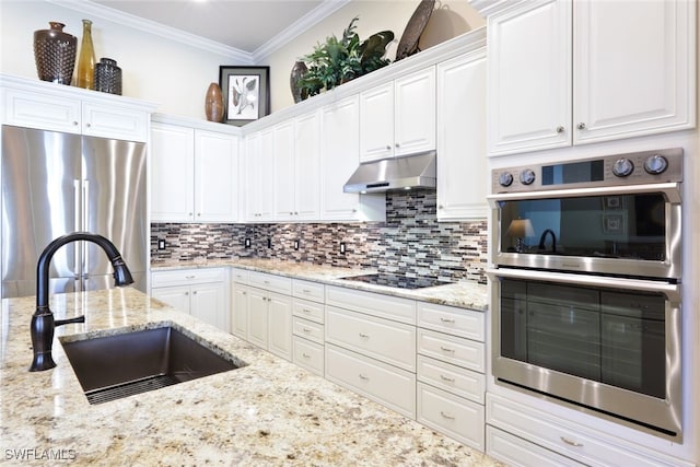 kitchen featuring tasteful backsplash, appliances with stainless steel finishes, sink, and white cabinets