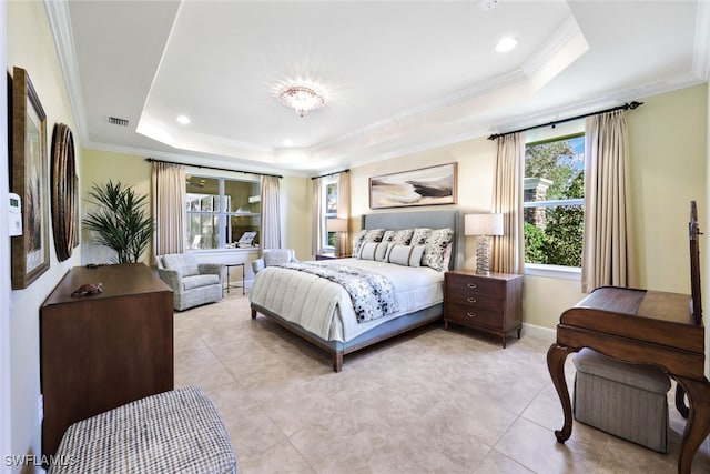 bedroom featuring ornamental molding, a raised ceiling, and light tile patterned floors