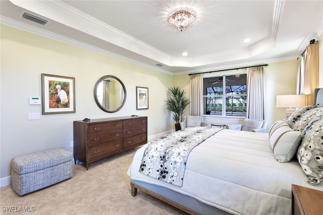 bedroom with crown molding, a raised ceiling, and a notable chandelier