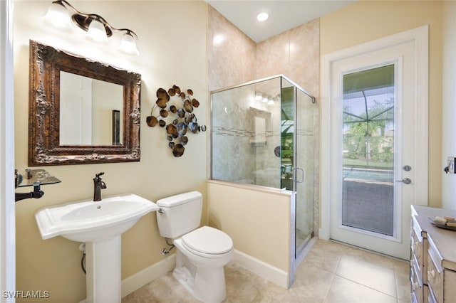 bathroom with tile patterned flooring, an enclosed shower, and toilet