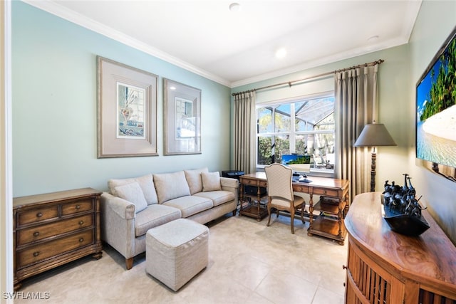 office space with crown molding and light tile patterned floors