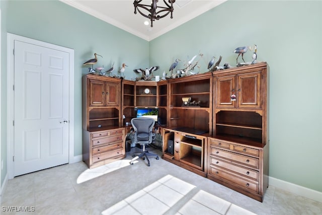 tiled office space with ornamental molding and a notable chandelier