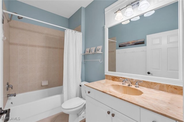 full bathroom with toilet, tile patterned flooring, shower / bath combo, and vanity