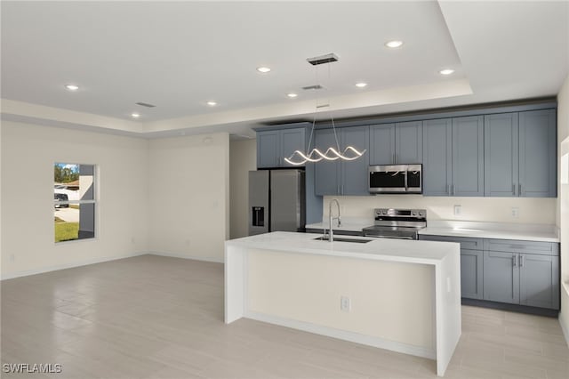 kitchen featuring stainless steel appliances, sink, a tray ceiling, and a kitchen island with sink