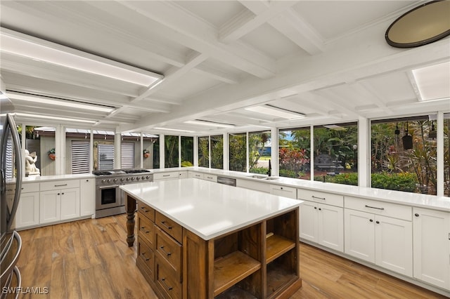 kitchen featuring light wood-type flooring, kitchen peninsula, appliances with stainless steel finishes, and white cabinetry