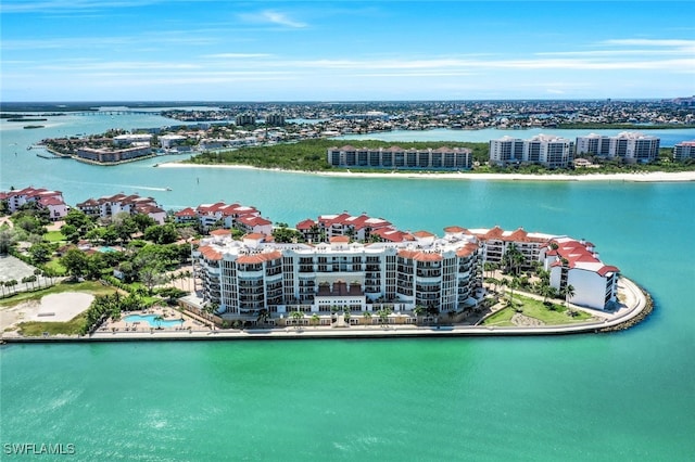 drone / aerial view featuring a water view