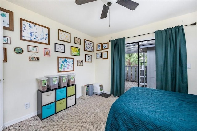 carpeted bedroom with ceiling fan and access to outside