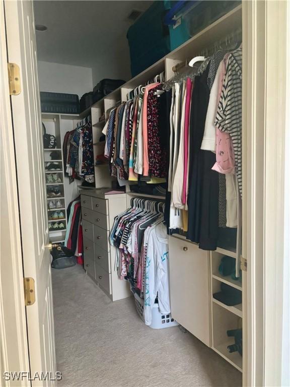 walk in closet featuring light colored carpet