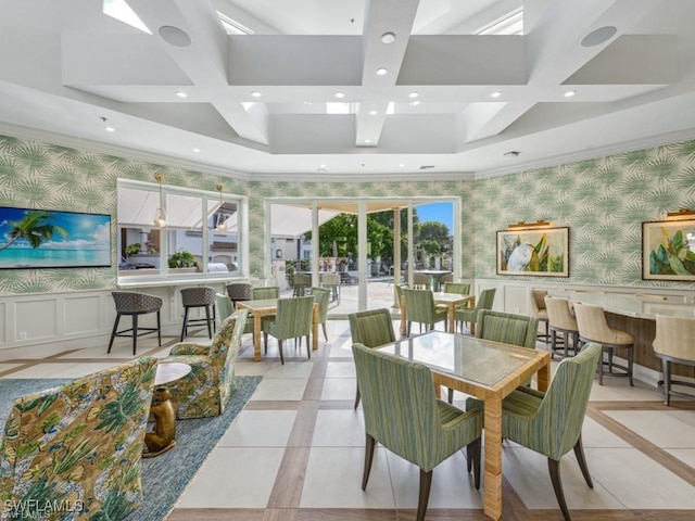 dining area with wallpapered walls, ornamental molding, coffered ceiling, and recessed lighting