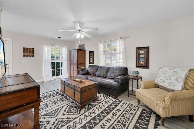 living room featuring ceiling fan and wood-type flooring