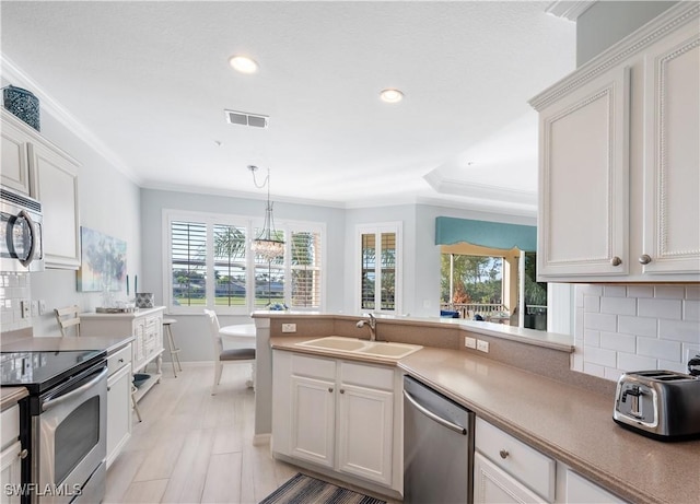 kitchen with white cabinetry, appliances with stainless steel finishes, sink, and ornamental molding