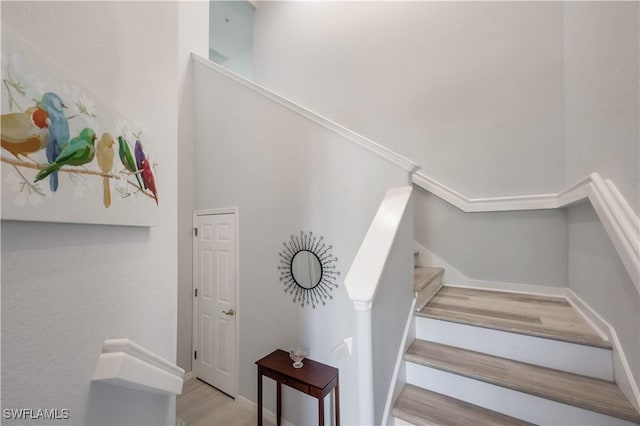 stairway with hardwood / wood-style floors