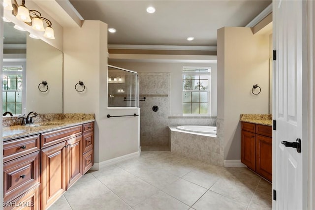 bathroom featuring crown molding, tile patterned flooring, shower with separate bathtub, and vanity