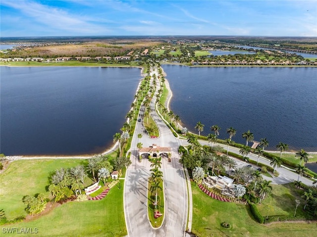 aerial view featuring a water view