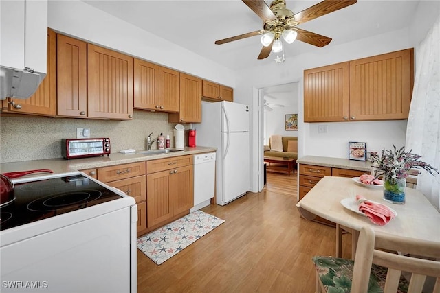 kitchen featuring ceiling fan, decorative backsplash, sink, white appliances, and light hardwood / wood-style flooring