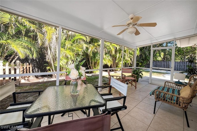 sunroom / solarium featuring ceiling fan and vaulted ceiling