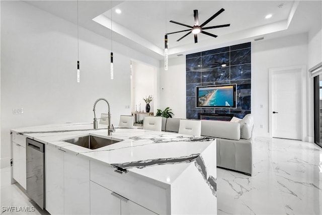 kitchen with white cabinetry, dishwasher, sink, a tray ceiling, and light stone countertops