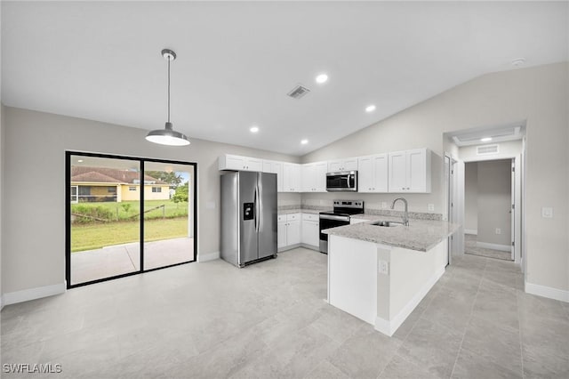 kitchen with white cabinetry, kitchen peninsula, stainless steel appliances, light stone counters, and sink