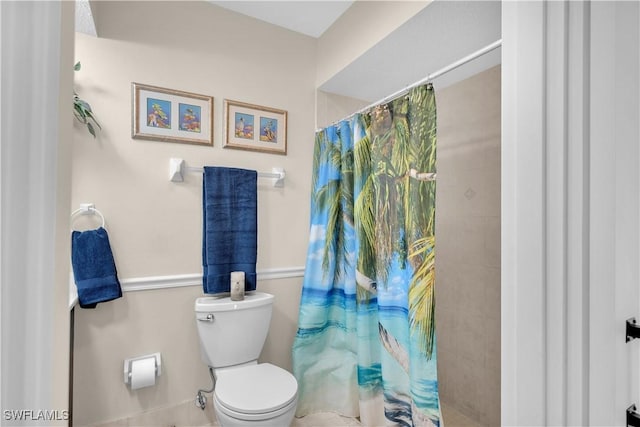 bathroom with toilet and a shower with shower curtain