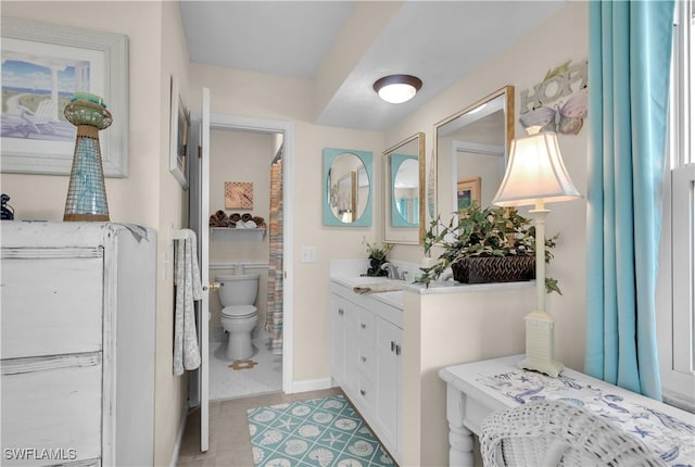 bathroom featuring toilet, tile patterned flooring, and vanity