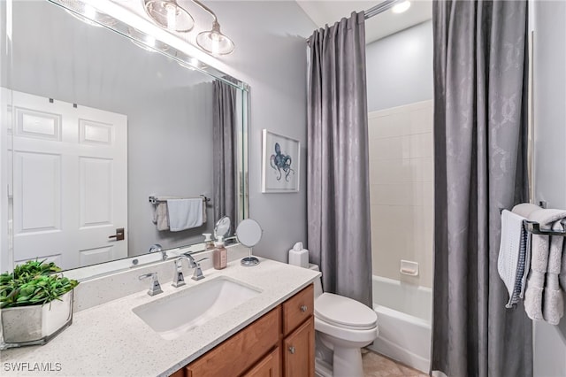 full bathroom featuring toilet, vanity, and shower / bathtub combination with curtain