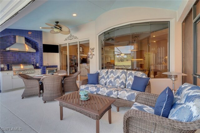 14113 Tivoli Ter, Bonita Springs, FL 34135 - view of patio / terrace featuring exterior kitchen, ceiling fan, an outdoor living space, outdoor dining space, and wine cooler