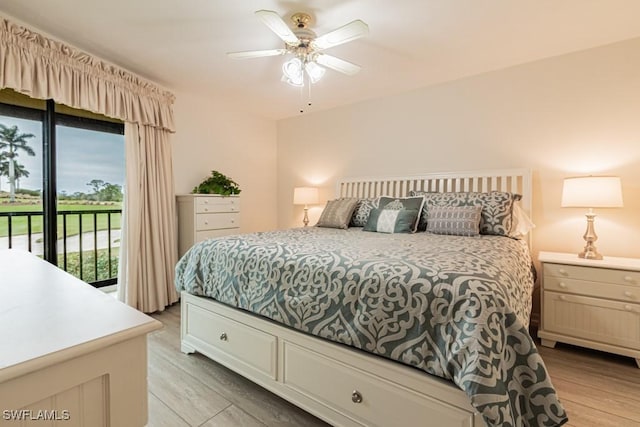 bedroom featuring ceiling fan, access to exterior, and light hardwood / wood-style floors