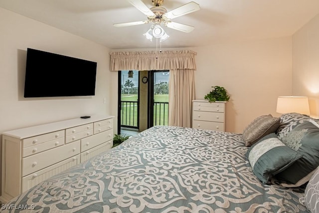 bedroom featuring ceiling fan and access to outside