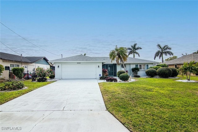 single story home with a front lawn and a garage