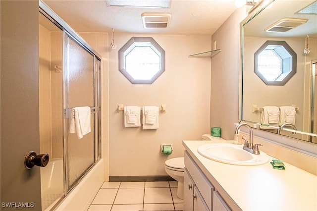 full bathroom with toilet, combined bath / shower with glass door, tile patterned floors, and vanity