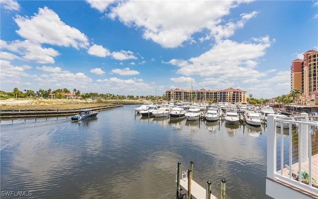 property view of water with a dock