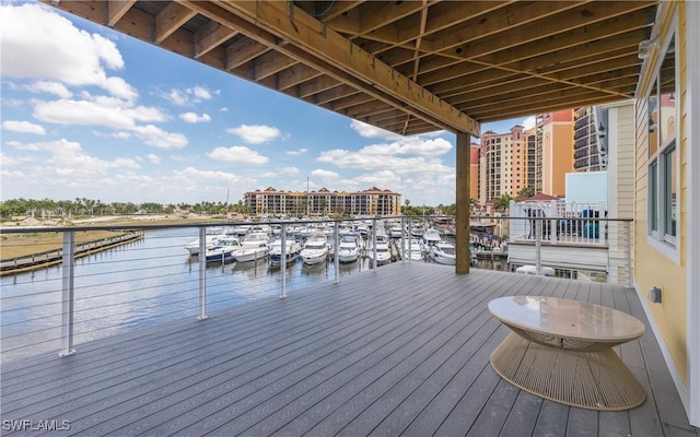 deck with a boat dock and a water view