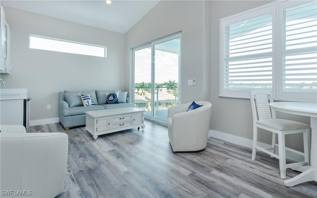 living room featuring light hardwood / wood-style flooring and lofted ceiling