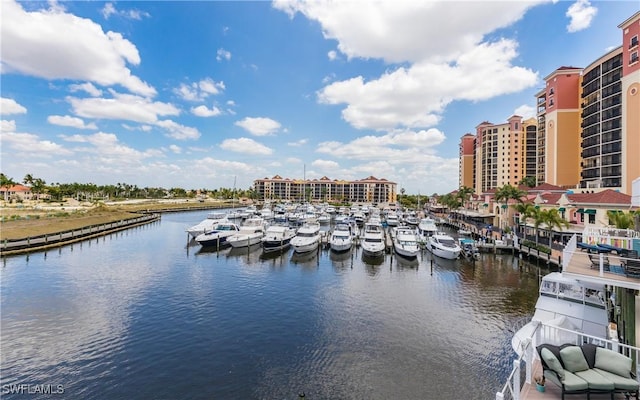 water view featuring a dock