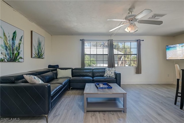 living room featuring ceiling fan and hardwood / wood-style floors