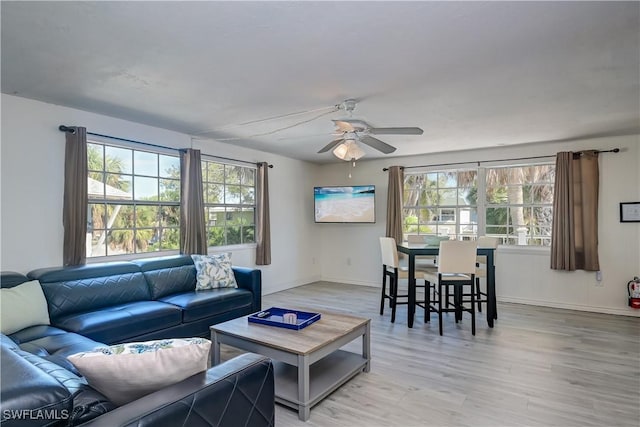 living room featuring ceiling fan, light hardwood / wood-style floors, and plenty of natural light